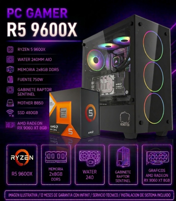 Pc Gamer R5 9600X, Water 240 ,8 X 2 De Ram , 750W, Rx 9060 Xt 8Gb,  Raptor Sentinel, B850, Ssd 480