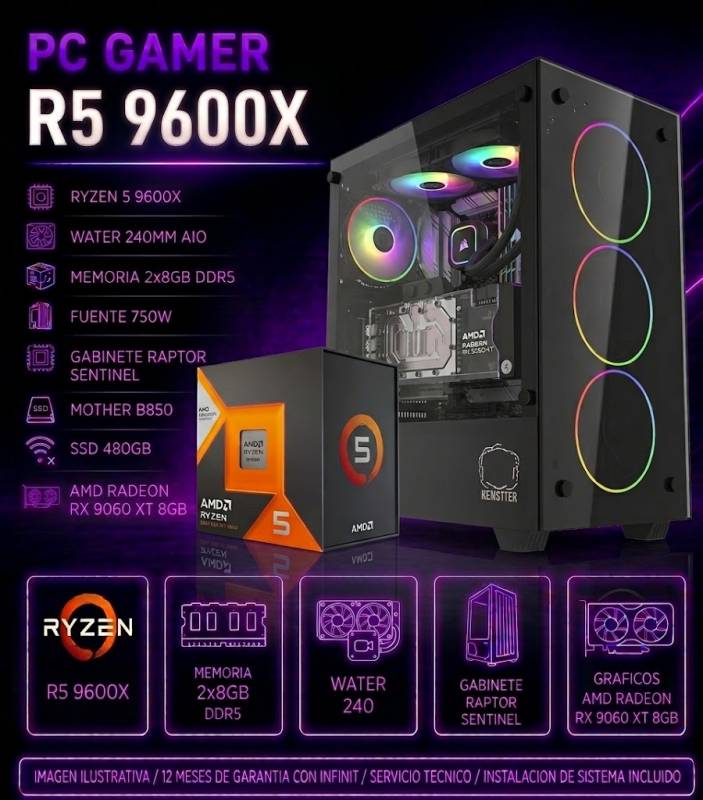 Pc Gamer R5 9600X, Water 240 ,8 X 2 De Ram , 750W, Rx 9060 Xt 8Gb,  Raptor Sentinel, B850, Ssd 480