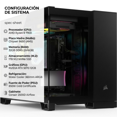 Pc Ryzen 9 7900 , B650, 32Gb De Ram , M.2 1Tb , 850W Gold , Rtx 5070 12Gb , Water Cooler 360 , Corsair 2500