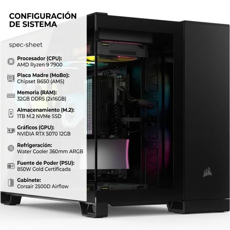Pc Ryzen 9 7900 , B650, 32Gb De Ram , M.2 1Tb , 850W Gold , Rtx 5070 12Gb , Water Cooler 360 , Corsair 2500
