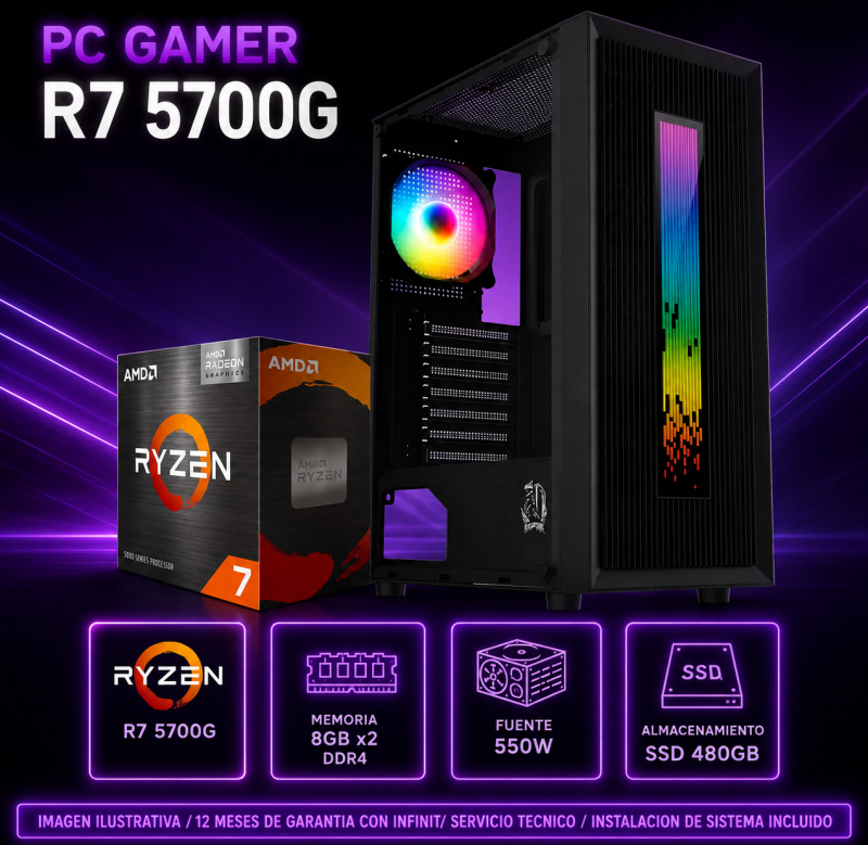 Pc Gamer R7 5700G, 8Gb X2 , 550W, Raptor Vortex, A520, 480 Ssd
