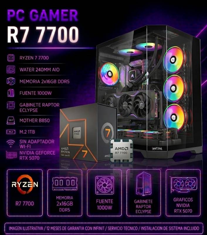 Pc Gamer R7 7700, 2X16Gb De Ram, 1000W, Rtx 5070 ,Raptor Eclypse, B850, M.2 1Tb , Water