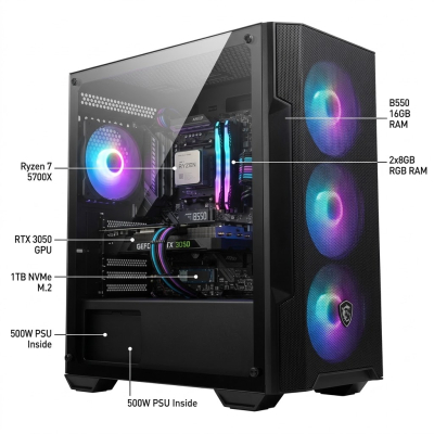 Pc Ryzen 7 5700X , B550 , 2X8Gb Ram ,M.2 1Tb Nvme , 500W , Rtx 3050 , M100A