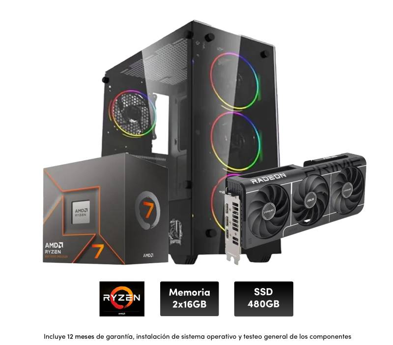 Pc Gamer R7 8700F, 2X16Gb De Ram, 650W, Rx 9060 Xt 8Gb, Raptor Sentinel, B850, Ssd 480