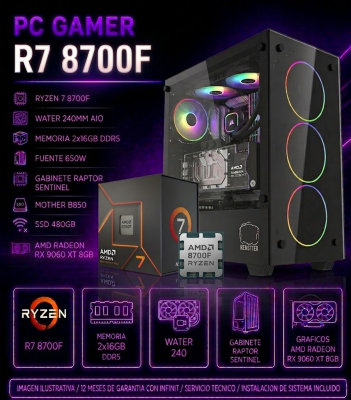 Pc Gamer R7 8700F, 2X16Gb De Ram, 650W, Rx 9060 Xt 8Gb, Raptor Sentinel, B850, Ssd 480