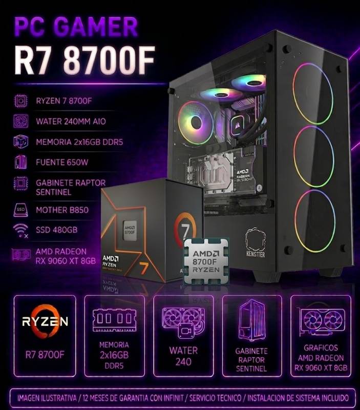 Pc Gamer R7 8700F, 2X16Gb De Ram, 650W, Rx 9060 Xt 8Gb, Raptor Sentinel, B850, Ssd 480