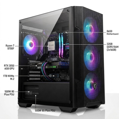 Pc Ryzen 7 8700F , B650 , 32Gb Ddr5 , Rtx 3050 6Gb , 500W 80 , M100A , M.2 1Tb