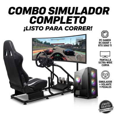 Simulador Completo Con Pc Gamer Alto Rendimiento R5 8400F + 5060Ti , Monitor Ultrawide De 49 + Estructura Completa Con Volante Tt