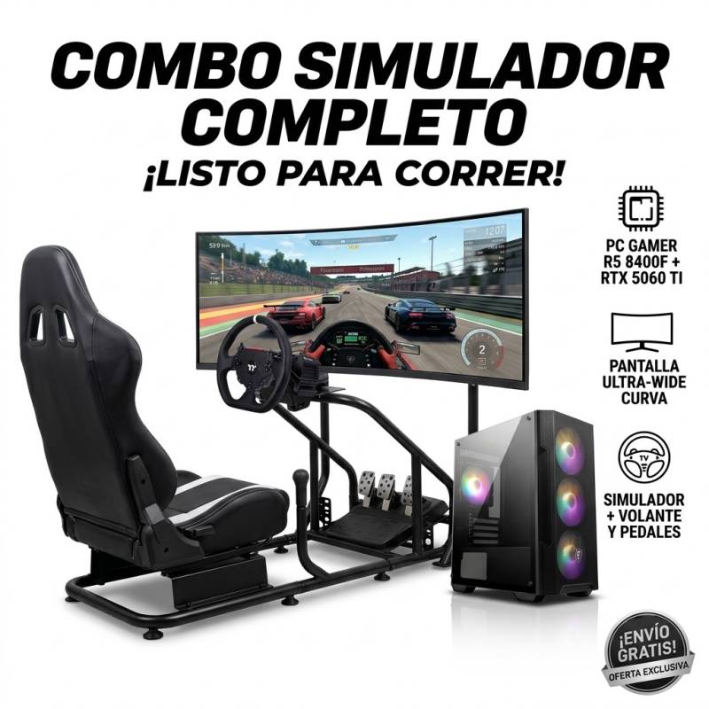 Simulador Completo Con Pc Gamer Alto Rendimiento R5 8400F + 5060Ti , Monitor Ultrawide De 49 + Estructura Completa Con Volante Tt