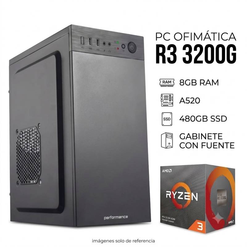 Pc Ofimatica Ryzen 3 3200G , A520 , 8Gb , Ssd 480 , Gabinete Con Fuente