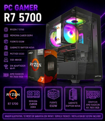 Pc Gamer  R7 5700, 8Gb X2 , 650W, Rx7600 8Gb , Raptor Nova, B550, 480 Ssd (Sin Adaptador Wi-Fi)