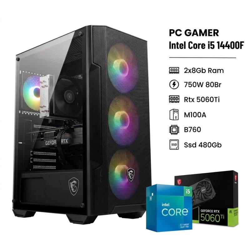 Pc Gamer Intel Core I5 14400F , B760 , Rtx 5060Ti , 2X8Gb Ram , Ssd 480Gb , 750W 80Br , M100A