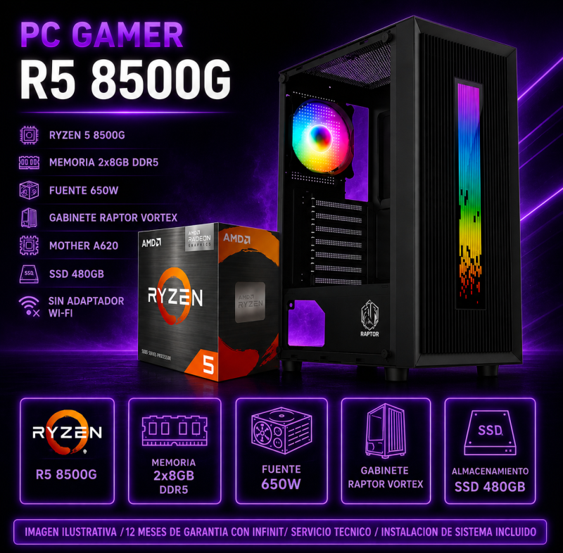 Pc Gamer R5 8500G, 8X2, 650W, Raptor Vortex, A620, 480 Ssd (Sin Adaptador Wi-Fi)