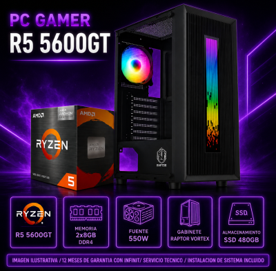 Pc Gamer R5 5600Gt, 2X8Gb , 550W, Raptor Vortex, A520, 480 Ssd