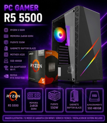 Pc Ryzen 5 5500 , 8Gb X2 , 550W , A520 , Ssd 480Gb ,Rtx 3050 6Gb, Gab Raptor Blaze