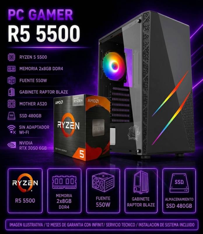 Pc Ryzen 5 5500 , 8Gb X2 , 550W , A520 , Ssd 480Gb ,Rtx 3050 6Gb, Gab Raptor Blaze