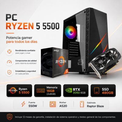 Pc Ryzen 5 5500 , 8Gb X2 , 550W , A520 , Ssd 480Gb ,Rtx 3050 6Gb, Gab Raptor Blaze
