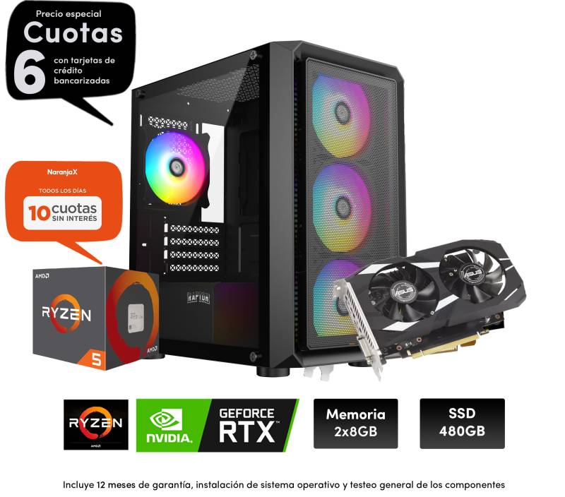 Pc Ryzen 5 4500 , 8Gb X2 , 550W , A520 , Ssd 480Gb ,Rtx 3050 6Gb, Gab Raptor Mesh