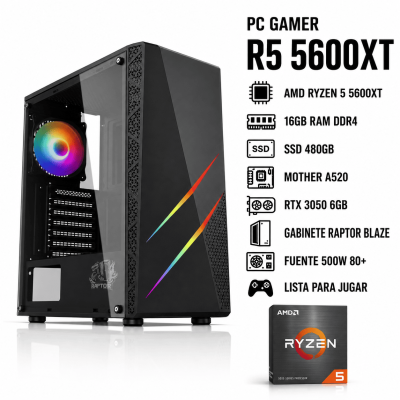 Pc Ryzen 5 5600Xt , 2X8Gb , 500W 80+ , A520 , Ssd 480Gb ,Rtx 3050 6Gb, Gab Raptor Blaze