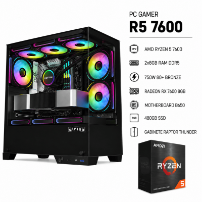 Pc Gamer R5 7600,  8X2 , Rx 7600 8Gb, 750W ,Raptor Thunder, B650, 480 Ssd (Sin Adaptador Wi-Fi)