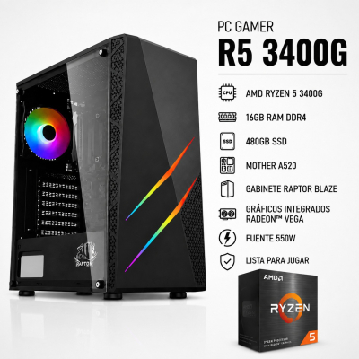 Pc Gamer R5 3400G, 2X8 Gb, 550W, Raptor Blaze, A520, 480Gb Ssd