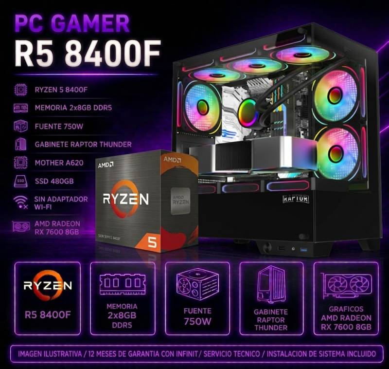 Pc Gamer R5 8400F, 8X2 , 750W, Rx 7600 8Gb, Raptor Thunder, A620, 480 Ssd (Sin Adaptador Wi-Fi)