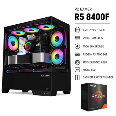 Pc Gamer R5 8400F, 8X2 , 750W, Rx 7600 8Gb, Raptor Thunder, A620, 480 Ssd (Sin Adaptador Wi-Fi)