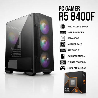 Pc Gamer R5 8400F, 2X8Gb , 650W 80+, Rtx 5060Ti, M100A , A620, 480 Ssd