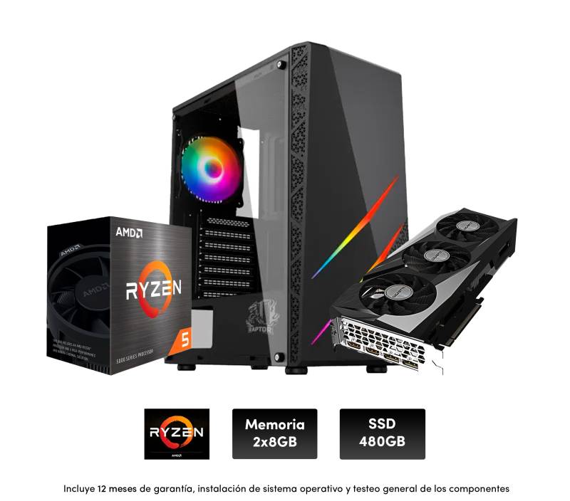 Pc Gamer R5 5500, 8Gb X2 , 550W, Rx 7600 8Gb, Raptor Blaze, B550, 480 Ssd (Sin Adaptador Wi-Fi)