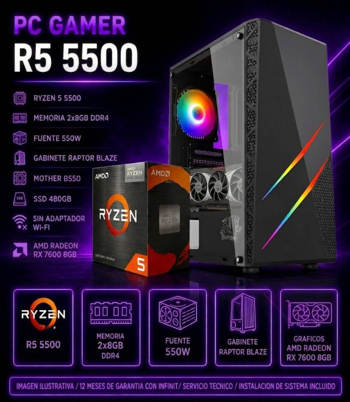 Pc Gamer R5 5500, 8Gb X2 , 550W, Rx 7600 8Gb, Raptor Blaze, B550, 480 Ssd (Sin Adaptador Wi-Fi)