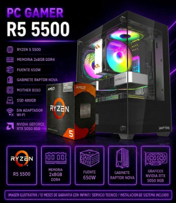 Pc Gamer R5  5500, 2X8Gb De Ram , 650W, Rtx 5050, Raptor Nova, B550, 480 Ssd