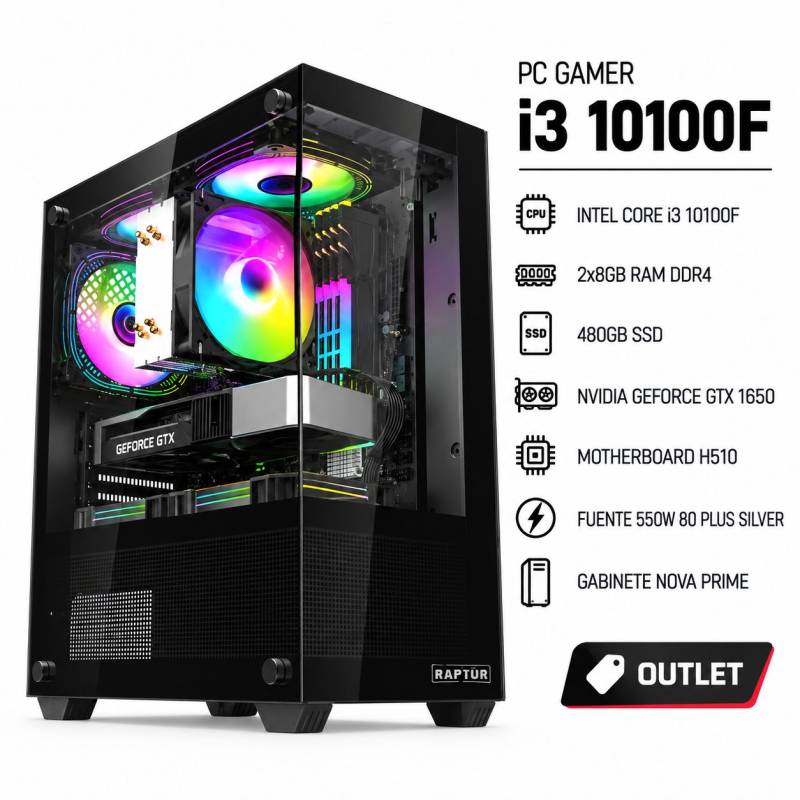Pc Gamer (E.i)  I3 10100F , Ssd 480 , Nova Prime , Gtx 1650 , 2X8Gb Ram , H510 , 550W 80 Silver (Outlet)