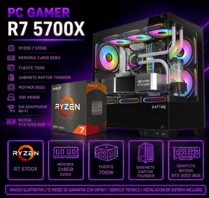 Pc Gamer R7 5700X, 2X8 Gb, 700W, Rtx 5050, Raptor Thunder, Water, B550, Ssd 480 (Sin Adaptador Wifi