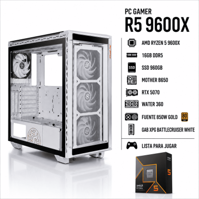 Pc Gamer Ryzen 5 9600X , Water 360 , 850W Gold , Rtx 5070 , B650 , Gab Xpg Battlecruiser White, Ssd 960 , 2X8Gb Ddr5