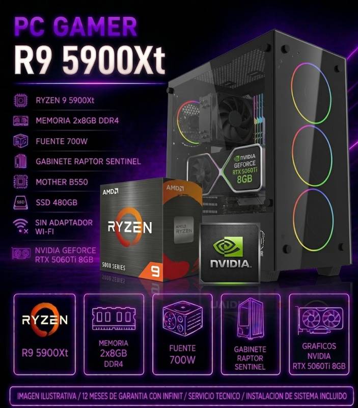 Pc Gamer R9 5900Xt, 2X8 Gb, 700W, Rtx 5060Ti, Raptor Sentinel, B550, Ssd 480 (Sin Adaptador Wifi)