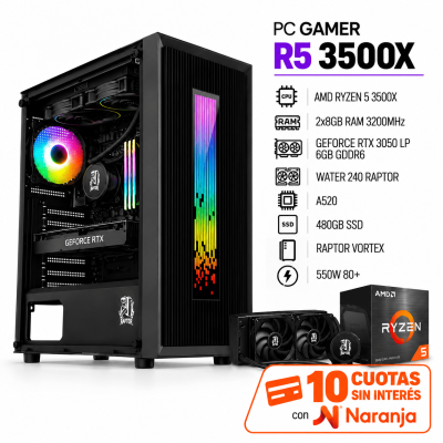 Pc Gamer R5 3500X, 2X8 Gb, 550W, 3050 Lp, Raptor Vortex, Water 240 Raptor, A520, 480Gb Ssd