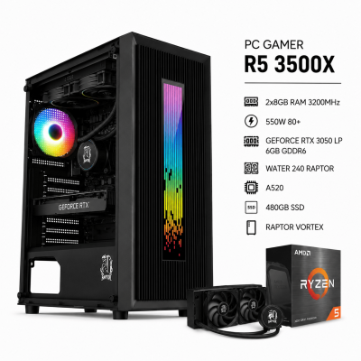 Pc Gamer R5 3500X, 2X8 Gb, 550W, 3050 Lp, Raptor Vortex, Water 240 Raptor, A520, 480Gb Ssd