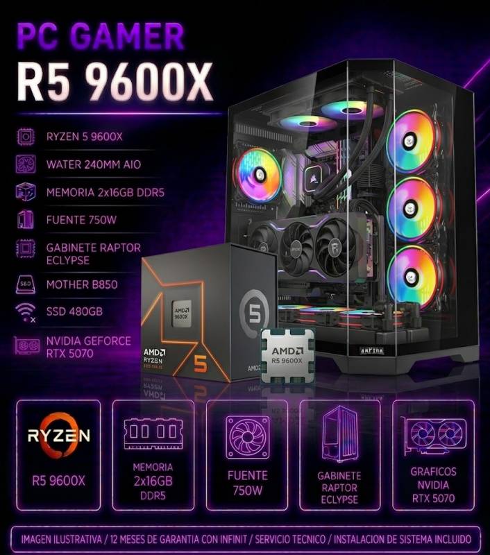 Pc Gamer R5 9600X, 2X16Gb , 750W, Rtx 5070, Raptor Eclypse, Water,  B850, Ssd 480