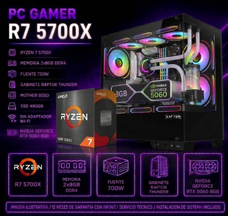 Pc Gamer R7 5700X, 2X8 Gb, 700W, Rtx 5060, Raptor Thunder, Water, B550, Ssd 480 (Sin Adaptador Wifi)