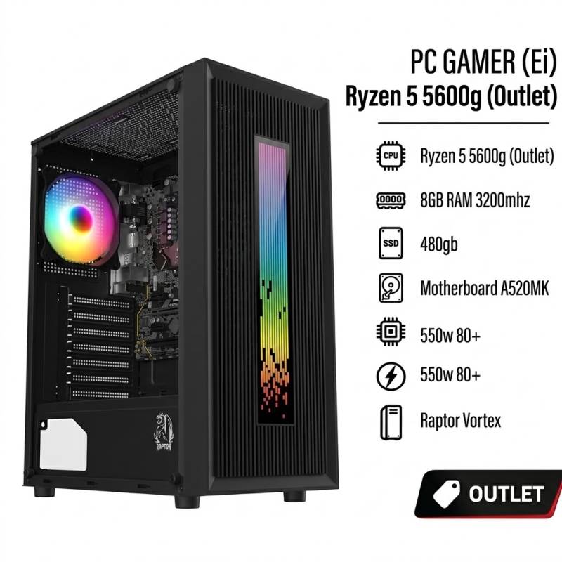 Pc Gamer (Ei) Ryzen 5 5600G (Outlet) + 8Gb 3200Mhz + Ssd 480Gb + 550W 80+, Mother A520Mk, Raptor Vortex