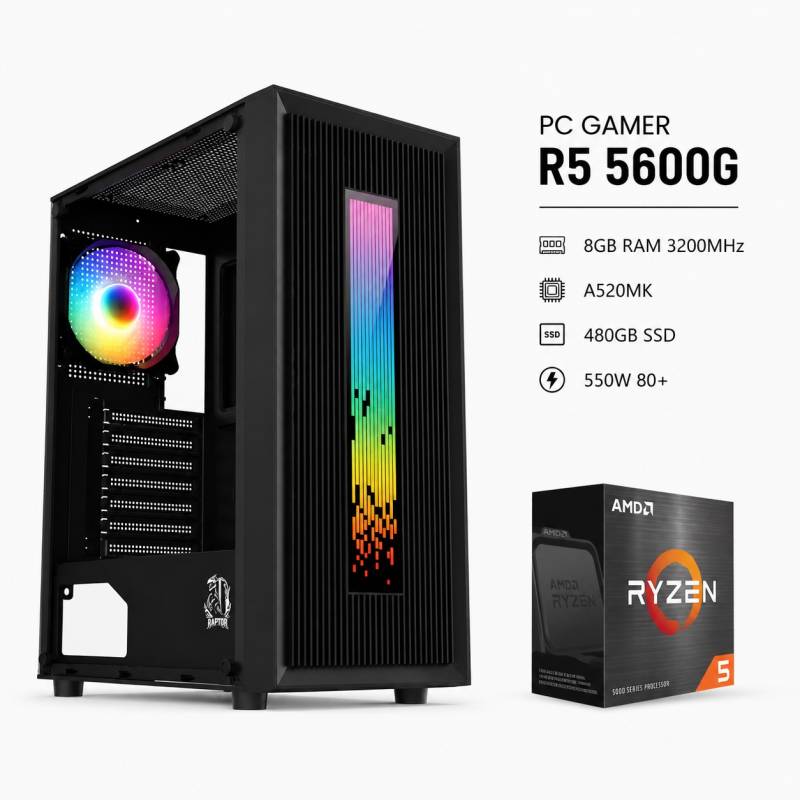 Pc Gamer (Ei) Ryzen 5 5600G (Outlet) + 8Gb 3200Mhz + Ssd 480Gb + 550W 80+, Mother A520Mk, Raptor Vortex