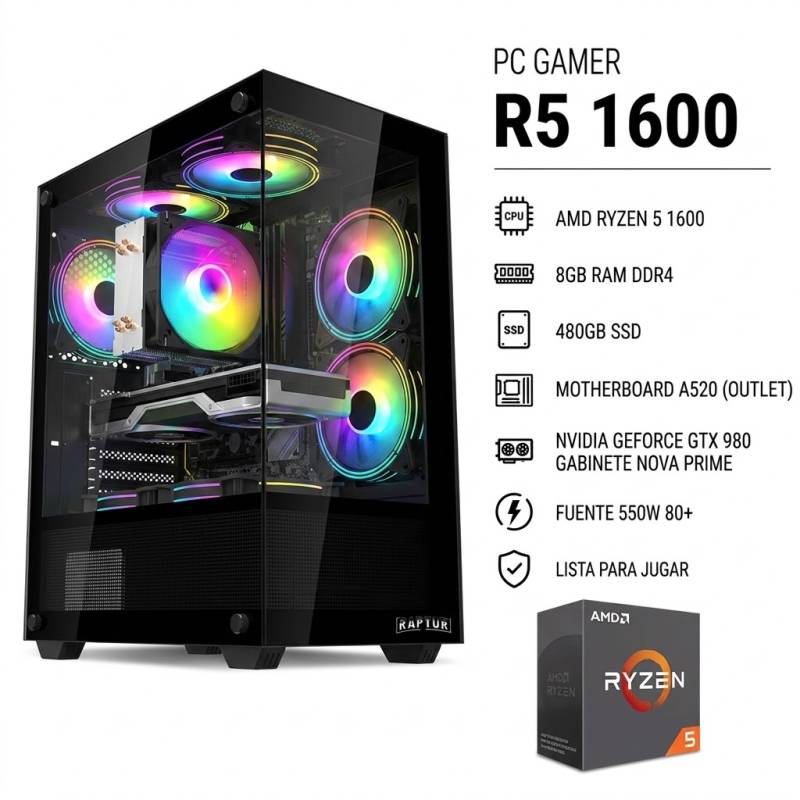 Pc Gamer (E.i) R5 1600, 8Gb , 550W 80 + , Ssd 480 , Gtx 980 , Nova Prime , A520 (Outlet)
