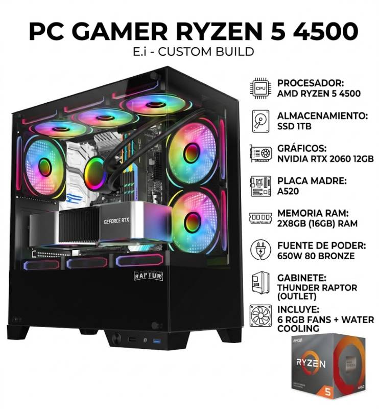 Pc Gamer (E.i) Ryzen 5 4500 , Ssd 1Tb , Rtx 2060 12Gb, A520, 2X8Gb Ram  , 650W 80 Bronze , Gab Thunder Raptor (Outlet)