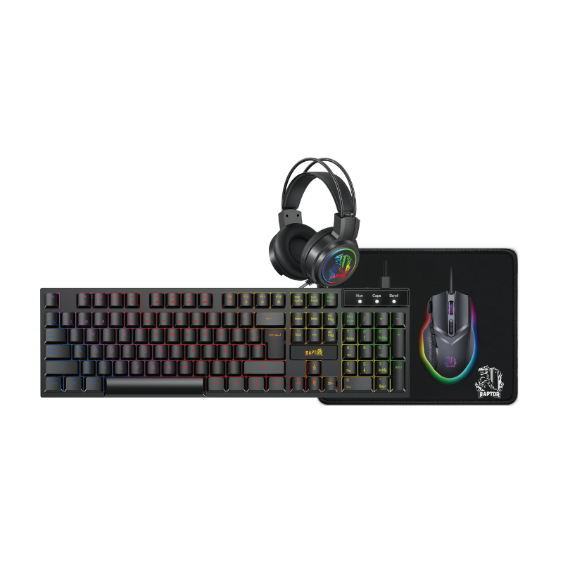 Combo Gamer Raptor Teclado 104 Teclas + Mouse Rgb 7200Dpi + Mouse Pad S + Auricular 3.5 (3088)